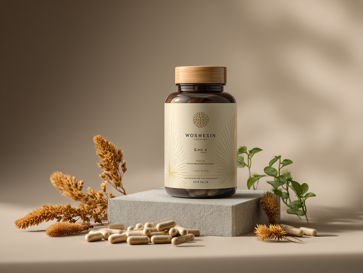 Wormexin természetes parazitaellenes készítmény csomagolása semleges háttéren